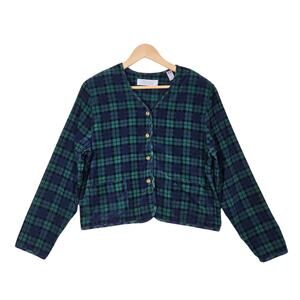 VTG Black Watch Tartan Plaid 100% Cotton Corduroy Jacket sz L Blue Green Preppy